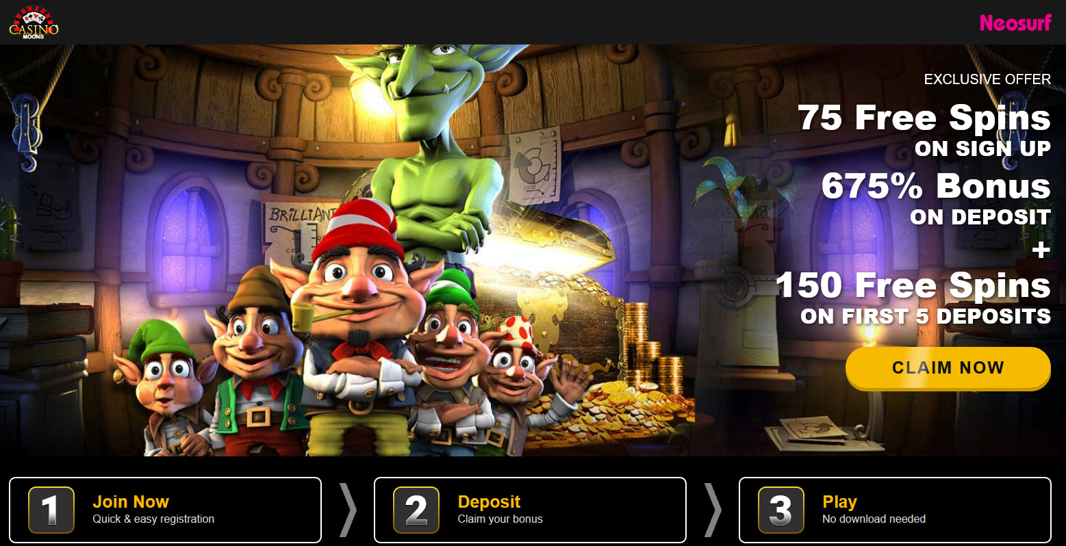 Casino Moons - 75 FS on SU + 750 Free Spins on First 5 Deposits + 675% Dep Casino Moons - 75 FS on SU + 750 Free Spins on First 5 Deposits + 675% Dep