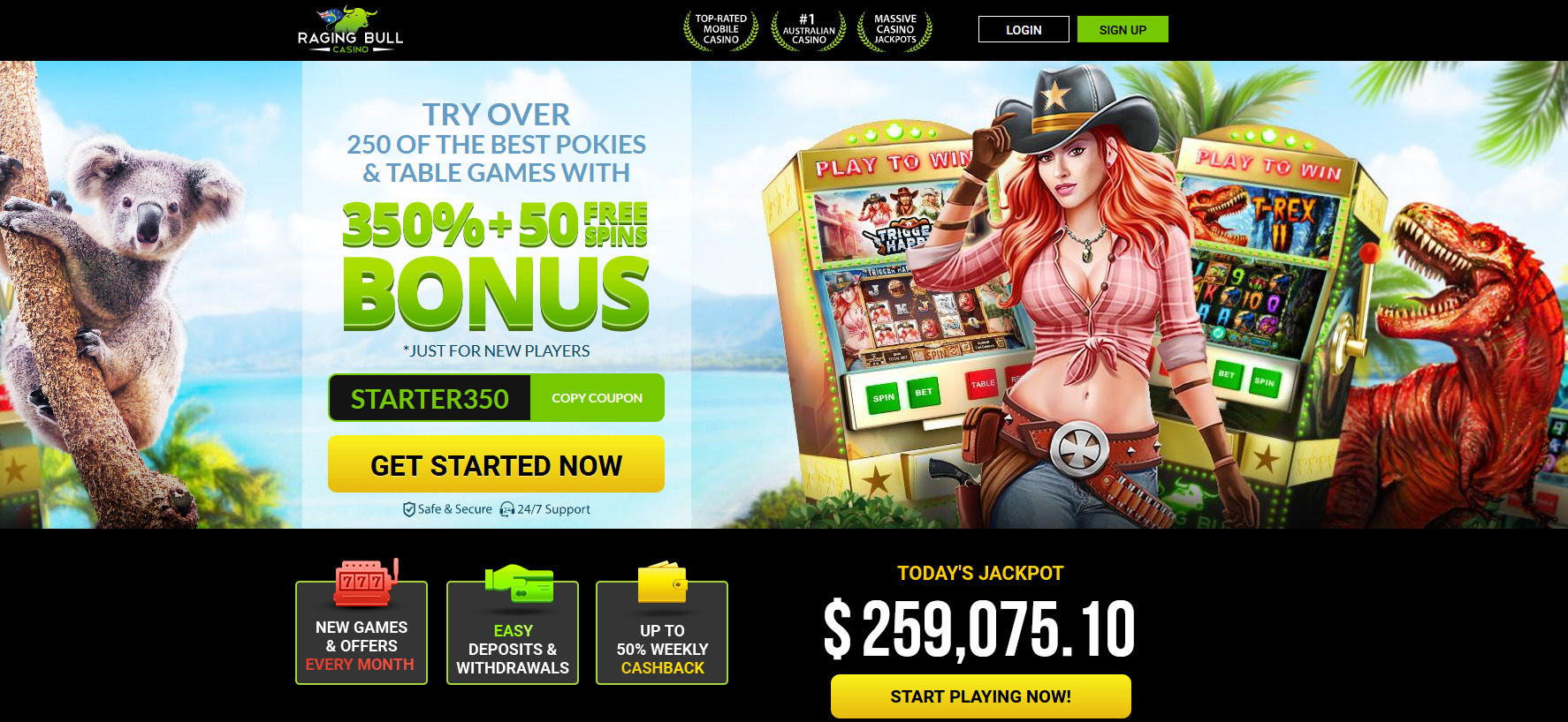 Raging Bull AU | 350% Pokies + Free Spins | Jackpots